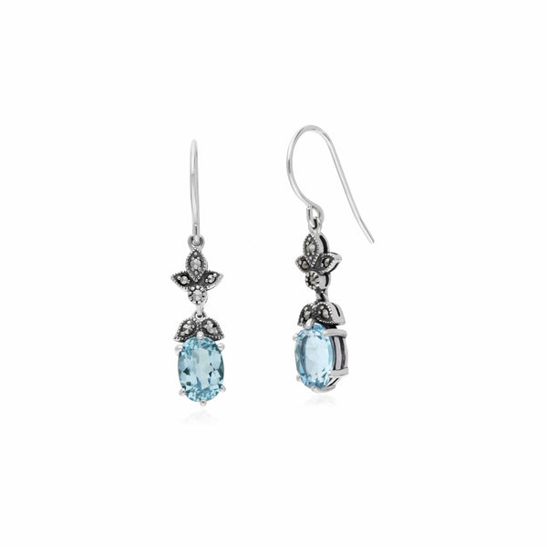 Gemondo Art Nouveau Style Oval Blue Topaz & Marcasite Drop Earrings In 925 Sterling Silver