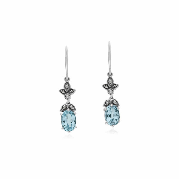 gemondo Art Nouveau Style Oval Blue Topaz & Marcasite Drop Earrings in 925 Sterling Silver