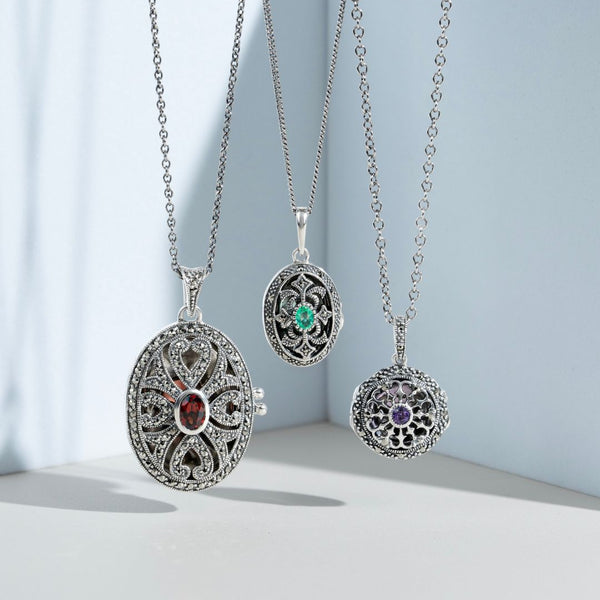 Gemondo Art Nouveau Style Oval Emerald & Marcasite Locket Necklace In 925 Sterling Silver