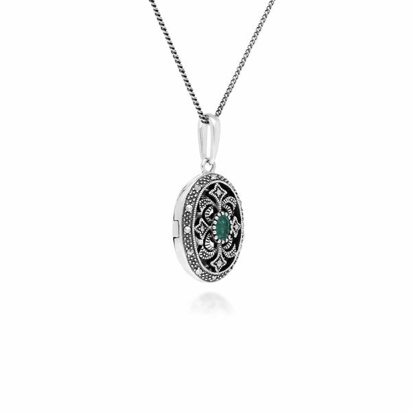 Gemondo Art Nouveau Style Oval Emerald & Marcasite Locket Necklace In 925 Sterling Silver