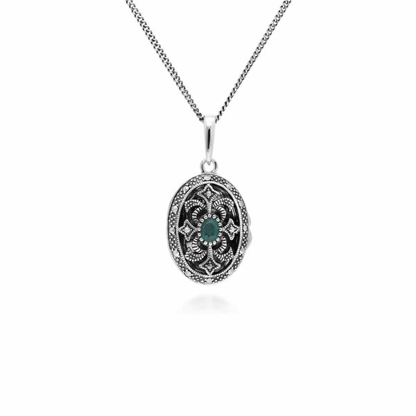gemondo Art Nouveau Style Oval Emerald & Marcasite Locket Necklace in 925 Sterling Silver