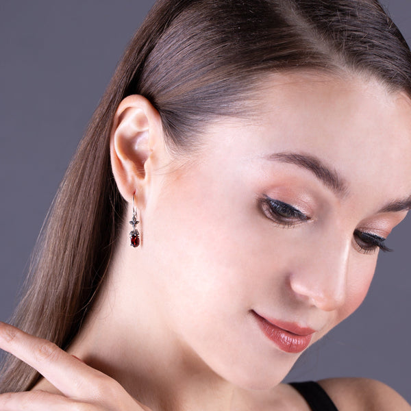 Gemondo Art Nouveau Style Oval Garnet & Marcasite Drop Earrings In 925 Sterling Silver