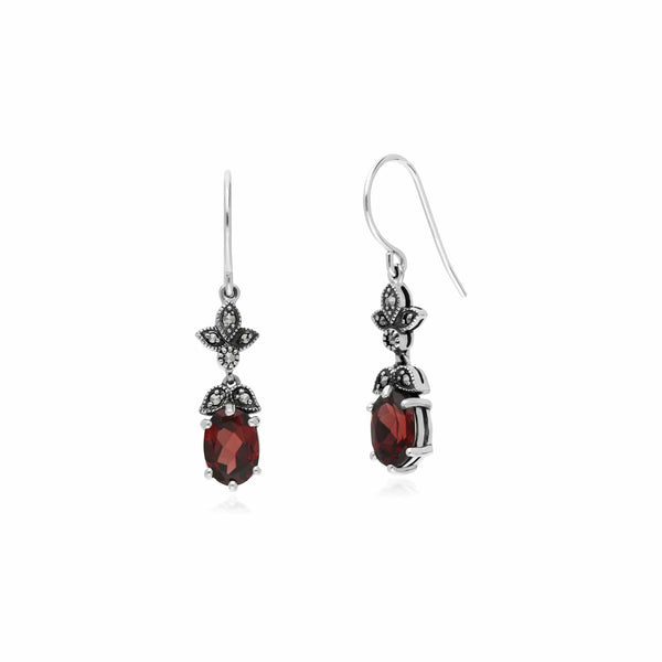 Gemondo Art Nouveau Style Oval Garnet & Marcasite Drop Earrings In 925 Sterling Silver