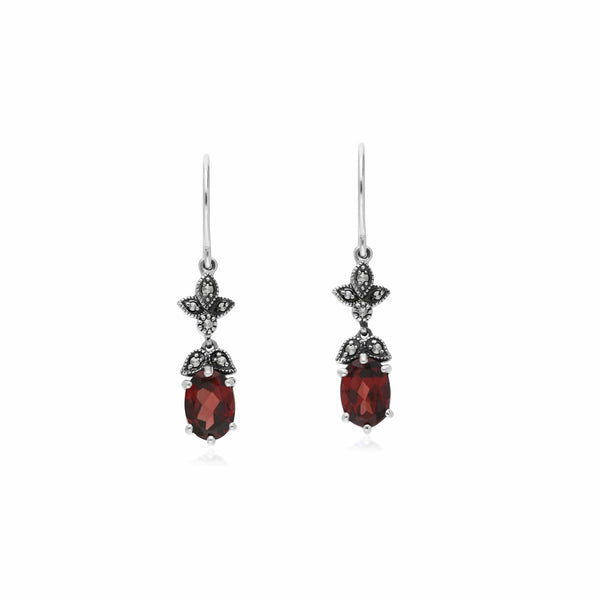 gemondo Art Nouveau Style Oval Garnet & Marcasite Drop Earrings in 925 Sterling Silver