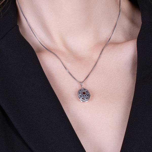 Gemondo Art Nouveau Style Oval Garnet & Marcasite Locket Necklace In Sterling Silver