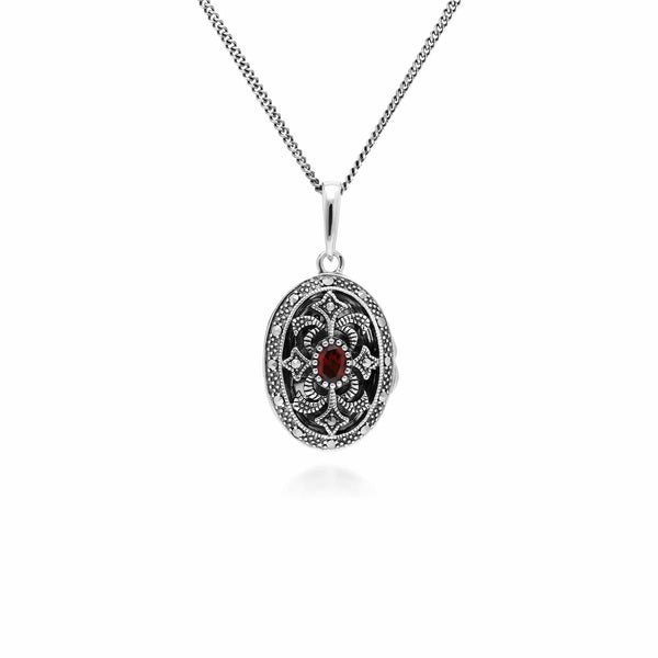 gemondo Art Nouveau Style Oval Garnet & Marcasite Locket Necklace in Sterling Silver