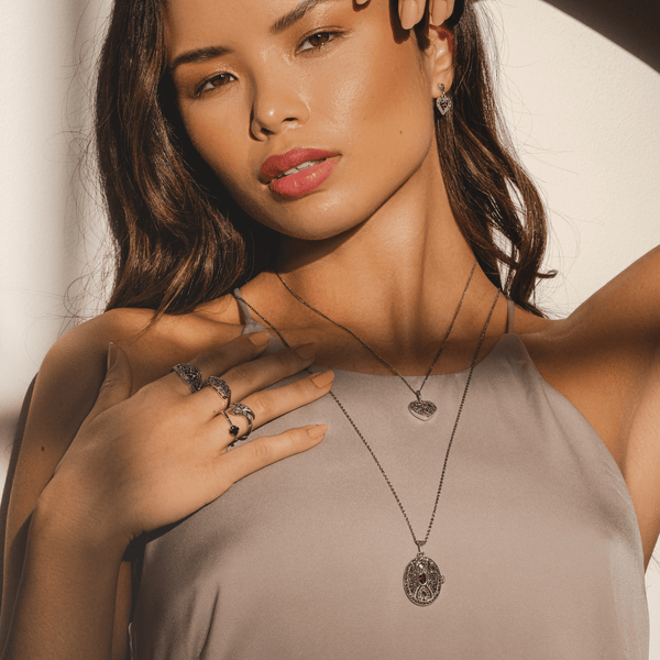 Gemondo Art Nouveau Style Oval Garnet & Marcasite Locket Pendant In 925 Sterling Silver