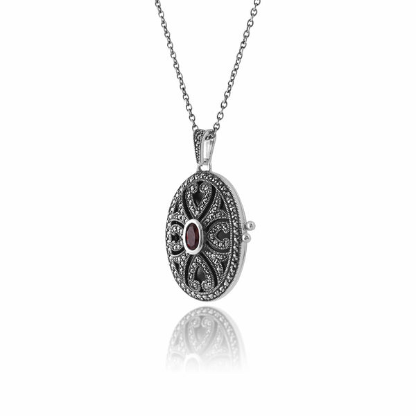 Gemondo Art Nouveau Style Oval Garnet & Marcasite Locket Pendant In 925 Sterling Silver