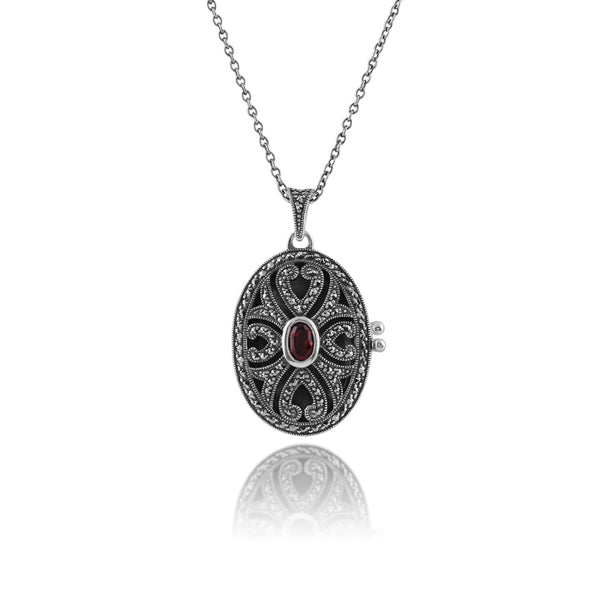 gemondo Art Nouveau Style Oval Garnet & Marcasite Locket Pendant in 925 Sterling Silver