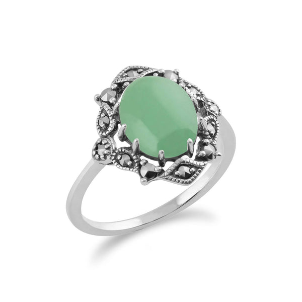 Gemondo Art Nouveau Style Oval Green Jade Cabochon & Marcasite Statement Ring
