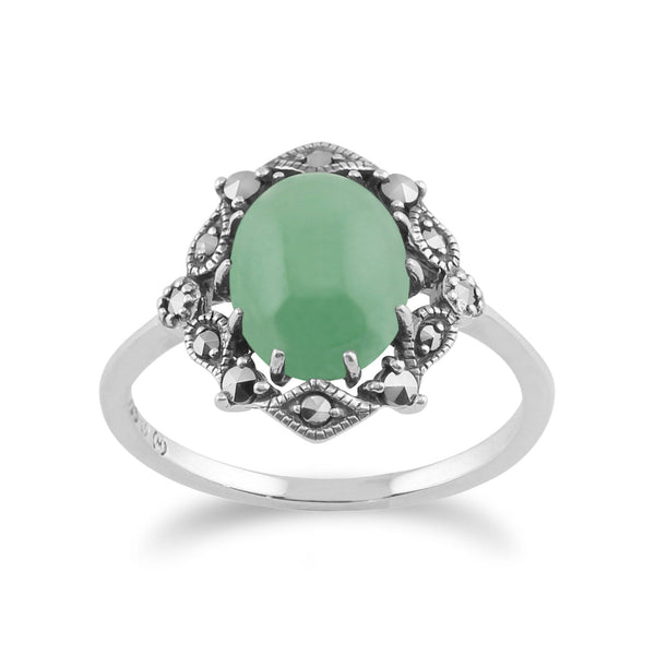gemondo Art Nouveau Style Oval Green Jade Cabochon & Marcasite Statement Ring