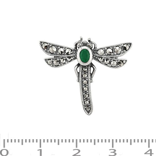 Gemondo Art Nouveau Style Oval Marcasite & Emerald Dragonfly Brooch In 925 Sterling Silver