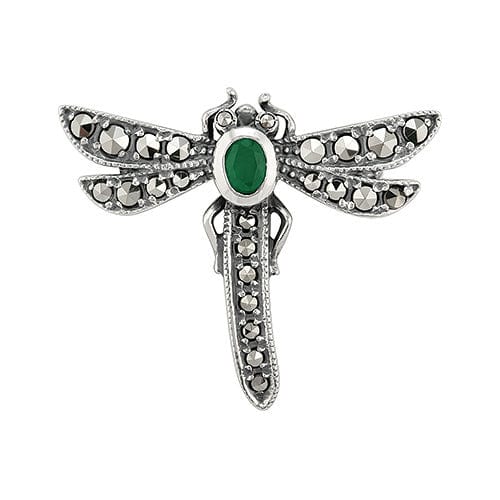 gemondo Art Nouveau Style Oval Marcasite & Emerald Dragonfly Brooch in 925 Sterling Silver