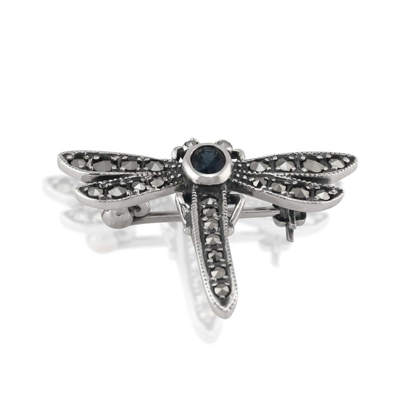 Gemondo Art Nouveau Style Oval Marcasite & Sapphire Dragonfly Brooch In 925 Sterling Silver