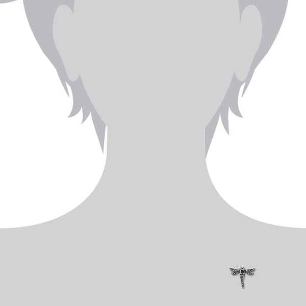 Gemondo Art Nouveau Style Oval Marcasite & Sapphire Dragonfly Brooch In 925 Sterling Silver