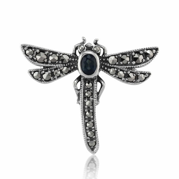 gemondo Art Nouveau Style Oval Marcasite & Sapphire Dragonfly Brooch in 925 Sterling Silver