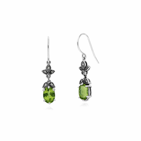 Gemondo Art Nouveau Style Oval Peridot & Marcasite Drop Earrings In Sterling Silver