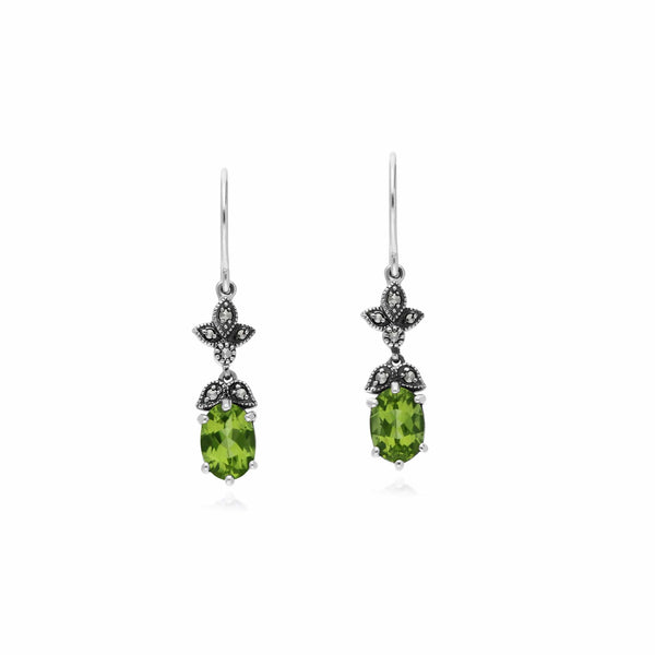gemondo Art Nouveau Style Oval Peridot & Marcasite Drop Earrings in Sterling Silver