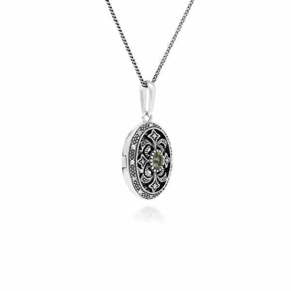 Gemondo Art Nouveau Style Oval Peridot & Marcasite Locket Necklace In 925 Sterling Silver