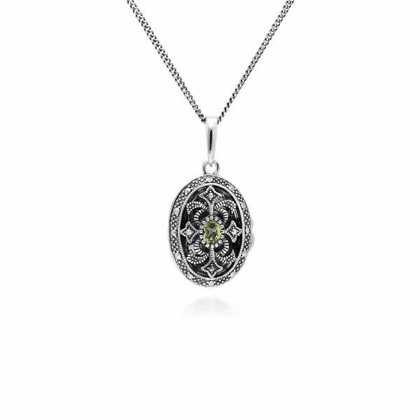 gemondo Art Nouveau Style Oval Peridot & Marcasite Locket Necklace in 925 Sterling Silver