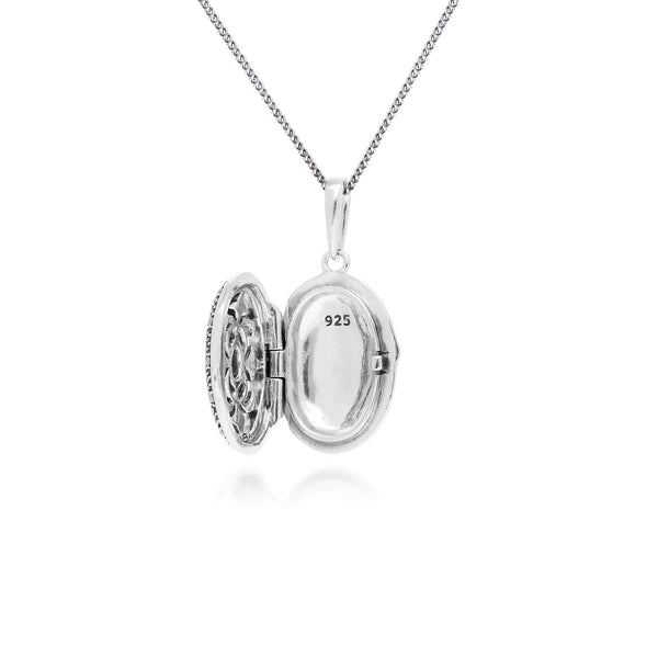 Gemondo Art Nouveau Style Oval Sapphire & Marcasite Locket Necklace In 925 Sterling Silver