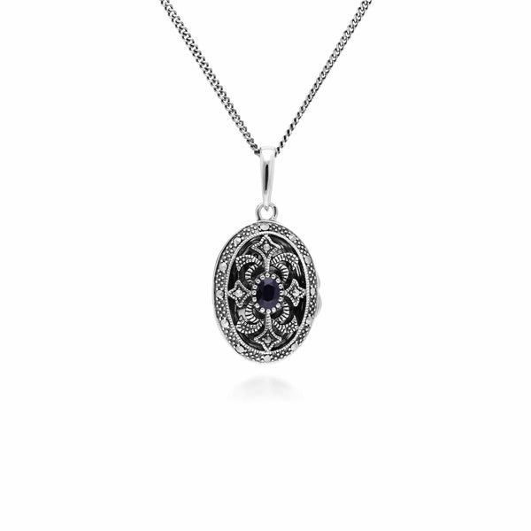 gemondo Art Nouveau Style Oval Sapphire & Marcasite Locket Necklace in 925 Sterling Silver
