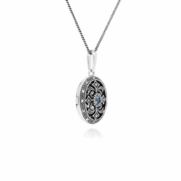 Gemondo Art Nouveau Style Oval Topaz & Marcasite Locket Necklace In 925 Sterling Silver