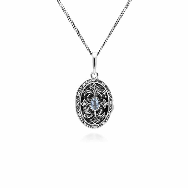 gemondo Art Nouveau Style Oval Topaz & Marcasite Locket Necklace in 925 Sterling Silver