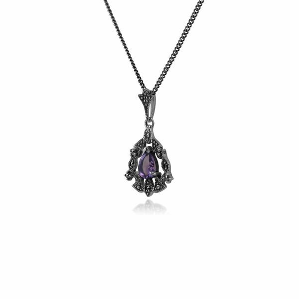Gemondo Art Nouveau Style Pear Amethyst & Marcasite Garland Necklace In 925 Sterling Silver