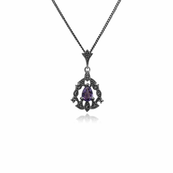 gemondo Art Nouveau Style Pear Amethyst & Marcasite Garland Necklace in 925 Sterling Silver