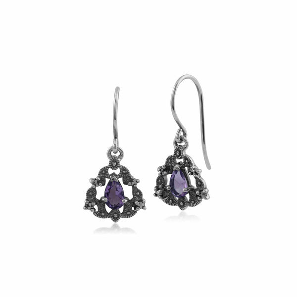 gemondo Art Nouveau Style Pear Amethyst & Marcasite Garland Drop Earrings in 925 Sterling Silver