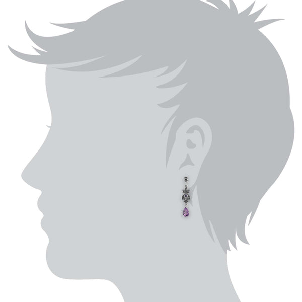 Gemondo Art Nouveau Style Pear Amethyst & Round Marcasite Drop Earrings In 925 Sterling Silver