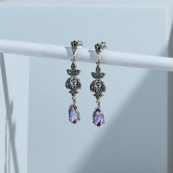 Gemondo Art Nouveau Style Pear Amethyst & Round Marcasite Drop Earrings In 925 Sterling Silver