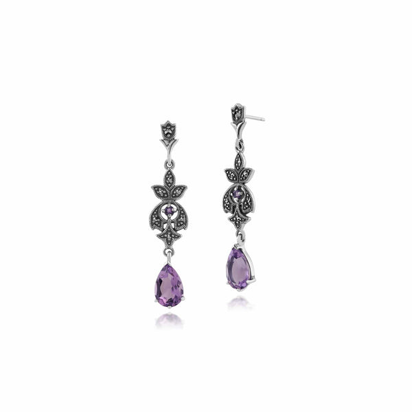 gemondo Art Nouveau Style Pear Amethyst & Round Marcasite Drop Earrings in 925 Sterling Silver