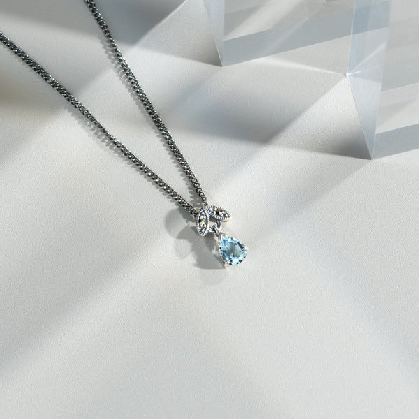 Gemondo Art Nouveau Style Pear Aquamarine & Marcasite Pendant In 925 Sterling Silver