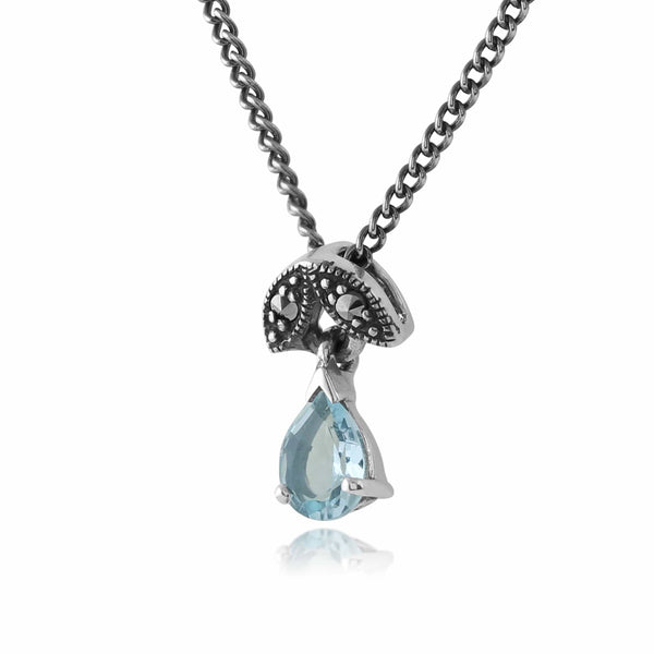 Gemondo Art Nouveau Style Pear Aquamarine & Marcasite Pendant In 925 Sterling Silver