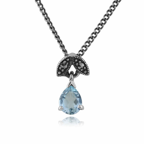 gemondo Art Nouveau Style Pear Aquamarine & Marcasite Pendant in 925 Sterling Silver