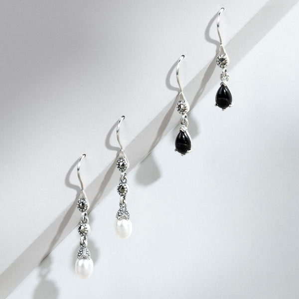 Gemondo Art Nouveau Style Pear Black Onyx & Marcasite Drop Earrings In 925 Sterling Silver