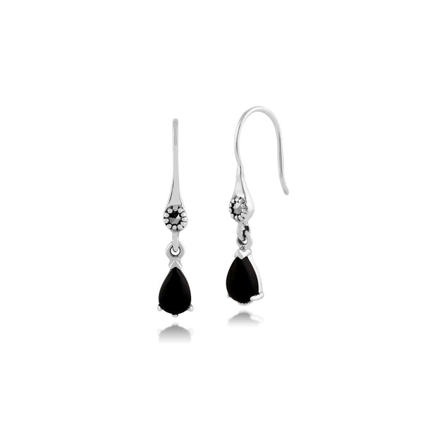 gemondo Art Nouveau Style Pear Black Onyx & Marcasite Drop Earrings in 925 Sterling Silver