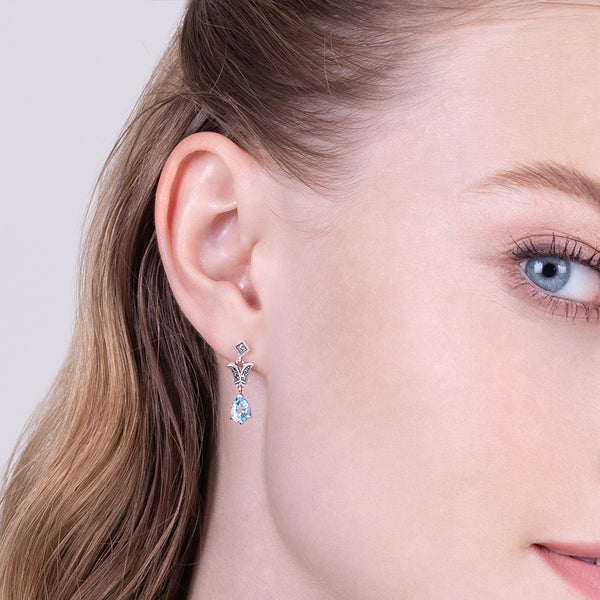Gemondo Art Nouveau Style Pear Blue Topaz & Marcasite Drop Earrings In 925 Sterling Silver