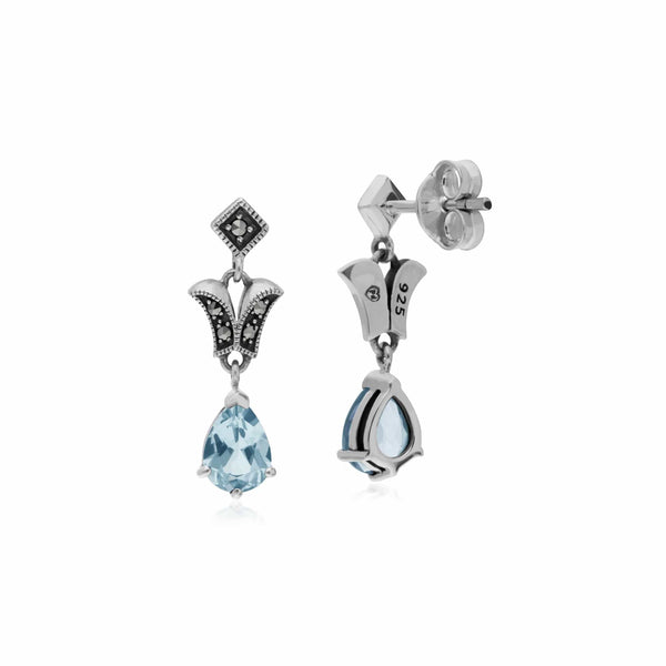 Gemondo Art Nouveau Style Pear Blue Topaz & Marcasite Drop Earrings In 925 Sterling Silver