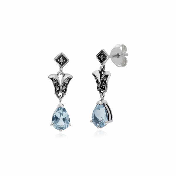 gemondo Art Nouveau Style Pear Blue Topaz & Marcasite Drop Earrings in 925 Sterling Silver