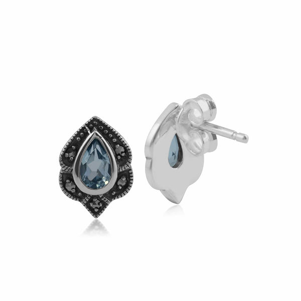 Gemondo Art Nouveau Style Pear Blue Topaz & Marcasite Leaf Stud Earrings In 925 Sterling Silver