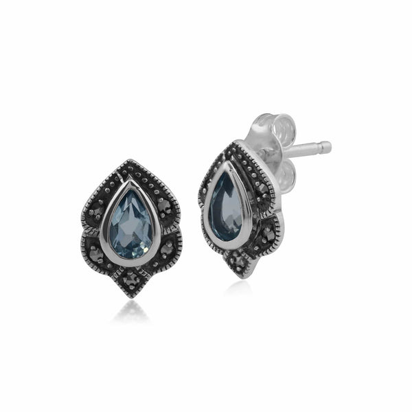 gemondo Art Nouveau Style Pear Blue Topaz & Marcasite Leaf Stud Earrings in 925 Sterling Silver
