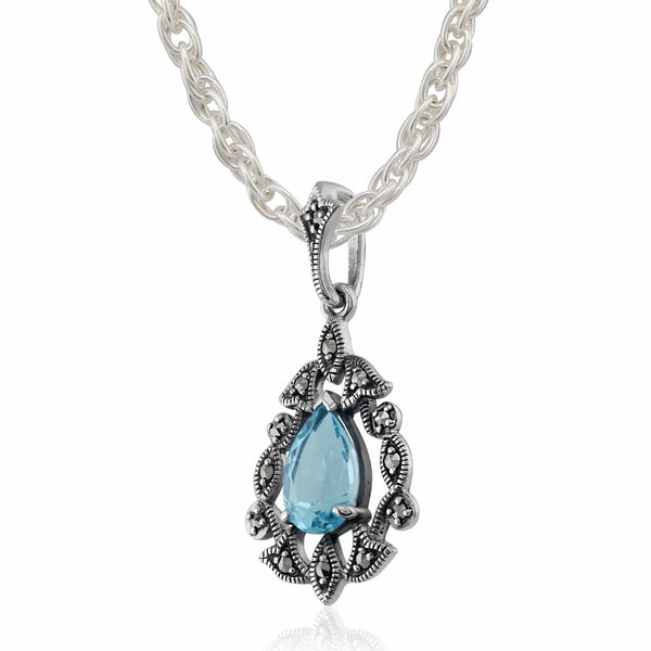 Gemondo Art Nouveau Style Pear Blue Topaz & Marcasite Pendant In 925 Sterling Silver