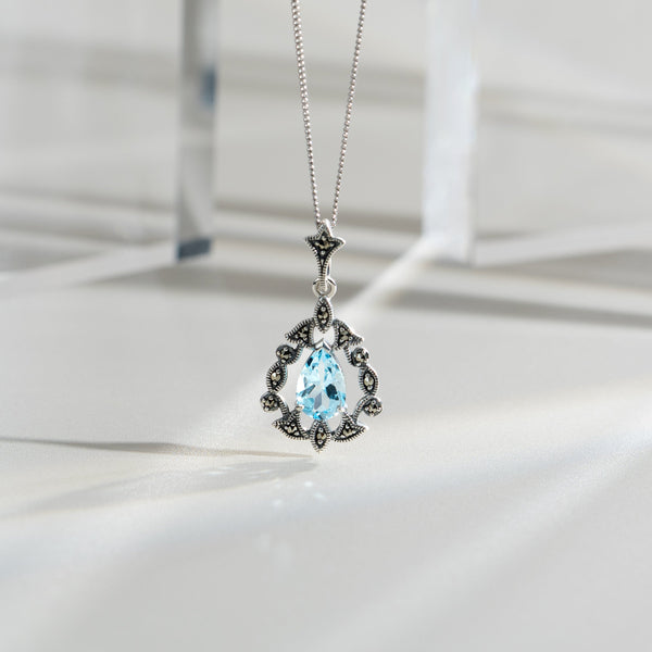 Gemondo Art Nouveau Style Pear Blue Topaz & Marcasite Pendant In 925 Sterling Silver