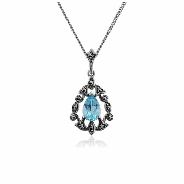gemondo Art Nouveau Style Pear Blue Topaz & Marcasite Pendant in 925 Sterling Silver