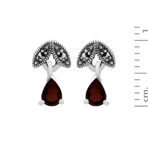Gemondo Art Nouveau Style Pear Garnet & Marcasite Drop Earrings In 925 Sterling Silver
