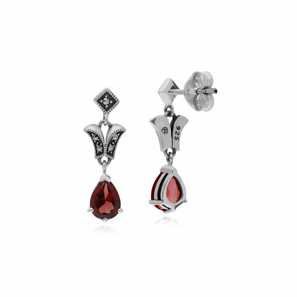 Gemondo Art Nouveau Style Pear Garnet & Marcasite Drop Earrings In 925 Sterling Silver
