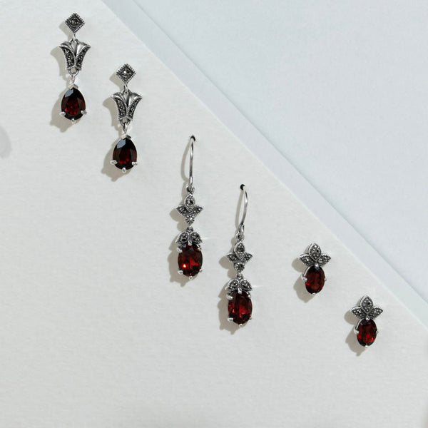 Gemondo Art Nouveau Style Pear Garnet & Marcasite Drop Earrings In 925 Sterling Silver